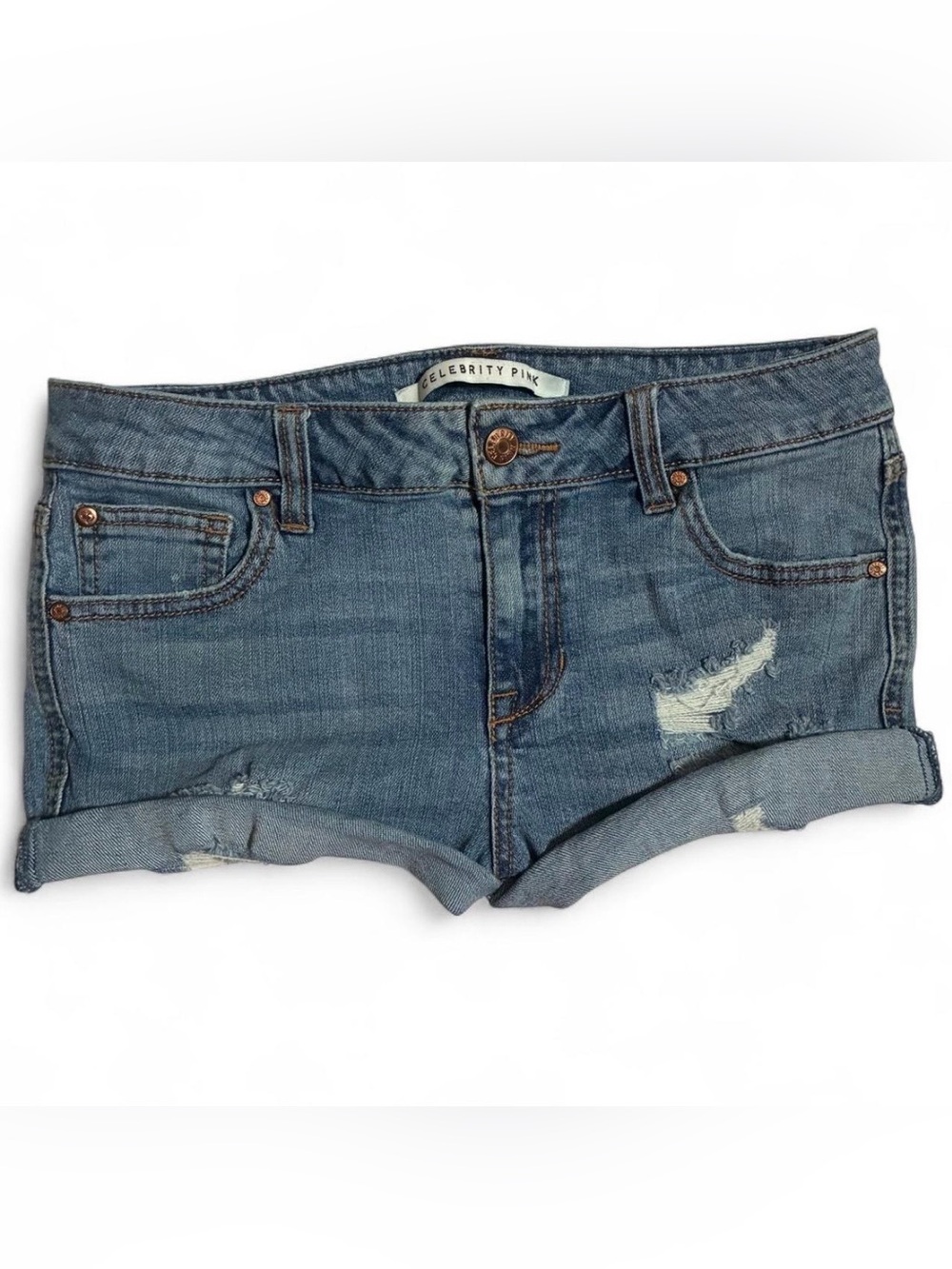 Celebrity Pink Rolled Hem Distressed Denim Shorts - Blue